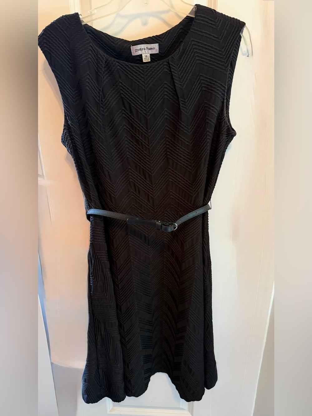 Shelby & Palmer Black Textured Chevron Belted Dress
